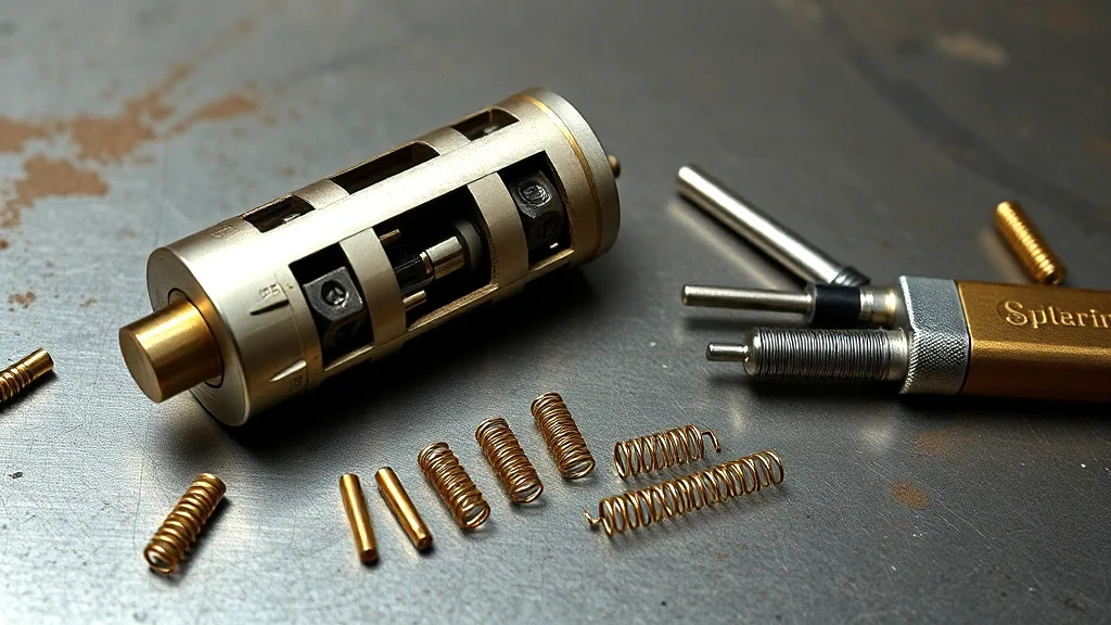 A pin tumbler cylinder taken apart on a steel bench, brass pins and springs laid out in a row beside the plug.