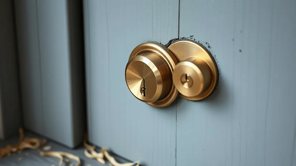 A brass deadbolt and cylinder newly fitted into a pale painted front door, wood shavings still on the sill below it.