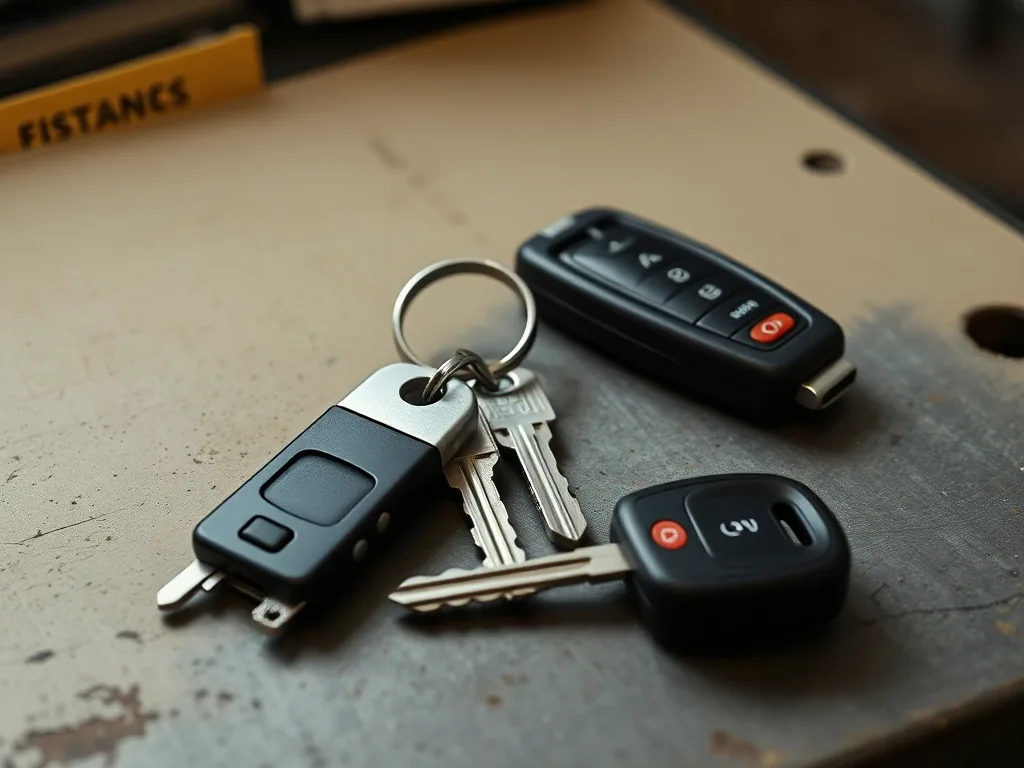 A ring of cut keys and two car remotes lying on a worn steel workbench.
